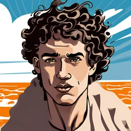curly hair boy surfing with a cigarette in hist mouth, cartoonized, wide shot