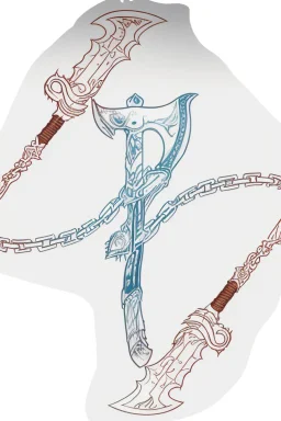 A tattoo scratch on paper of the blades of chaos, the draupnir spear and the leviathan axe from god of war: ragnarök video game and with the jötunheim mountains in the background