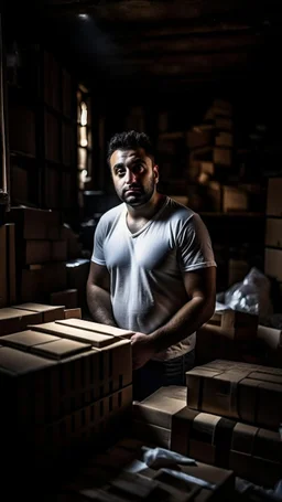 full figure photography of a shy burly chubby muscular 28 year old sicilian man with short beard white t-shirt, in a dark cellar full of cardboard boxes and old objects , look at camera, shy eyes, hyper realistic, Cinematic, 35mm lens, f/1.8, side light, dim lights, ambient occlusion , frontal view from the ground