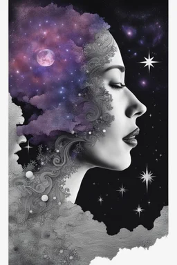 Double exposure of a female person's profile and a utopistic starry night sky, dramatic mood, dark depressive style, highlySurreal reflection, dark, melancholic, purple, gray, red, black colors, surreal abtractions, strange things, Kandinsky world detailed intricate, surreal, stunning,