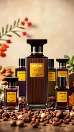 Professionally designed image of all kinds of Tom Ford brand colognes in an attractive and special background and the elements used in their creation.
