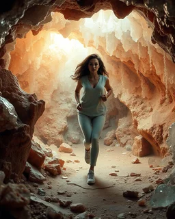 make a picture pretty crystal cave covered with jwells and 3d recursive cubic and sphere base pearls and Gemstone species, a beautiful goddess lady with curvy hair,makeup, in pretty modern today pants and loose shirt and sport shoes with jewels is running inside cave ,dynamic camera fallow her inside cave capturing full body, dynamic lights.