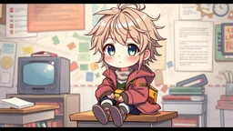 detailed digital art style, cute anime, detailed chibi face, sitting on school desk in colorful modern-fantasy clothes , messy hair random background, childbook style, highly detailed no photorealism