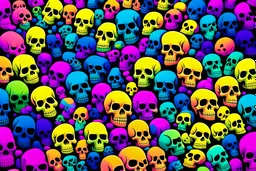 a field of 1000s of cartoonish, anatomically correct, skulls, vivid RANDOM BRIGHT neon colors, dark comedy, well lit, high detail, photorealistic, horrorcore, fun, scary, none featured, each a different color or hue,