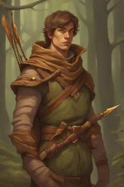 Dungeons and Dragons portrait of the face of a male human ranger hunter with a camouflage cloak and a wooden bow. He has an arrow quiver on his belt and is surrounded by a dense forest. He has short brown hair and is in his early twenties with a golden dragon mask