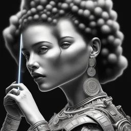 Painting of a White men with an afro hair cut,liv tyler, with laser eyes, perfect angle, antic grec pose, Black and white background, very detailed, high quality, very intricate, 8k, hdr, octane effect, frida khalo style