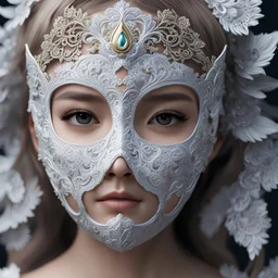 a close up of a person wearing a mask, a hyperrealistic painting, inspired by irakli nadar, zbrush central contest winner, little girl, fractal lace, realistic anime 3 d style, ultra _ realistic, lulu chen, wearing mask, ultrarealistic photography, ultra realistic picture, shot with Sony Alpha a9 Il and Sony FE 200-600mm f/5.6-6.3 G OSS lens, natural ligh, hyper realistic photograph, ultra detailed -ar 1:1 —q 2 -s 750)