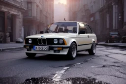 a 1990 bmw 2-door 4k ,ultra realistic,concept, 4k ,on street, parked in crowded city winter