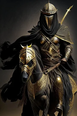 Arab warrior Full Body Full Armored Wearing Face Mask Iron Masculine Mysterious Powerful Fantasy High Quality Carrying his bow Golden clothes His horse behind him