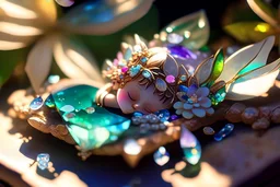 closeup, cute chibi sleeping fairy, Coloured glass flowers set with gemstones, glittering metal stems and gemstone leaves on a room table sharp focus elegant extremely detailed intricate very attractive beautiful dynamic lighting fantastic view crisp quality exquisite detail in the sunshine gems and jewels