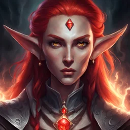 Generate a dungeons and dragons character portrait of the face of a female high elf wizard with red hair. She is wearing an amulet with a red gem around her neck, glowing with power. The amulet is corrupting her. She is wielding powerful magic. Show her being corrupted by darkness because the amulet. She looks mad and evil.