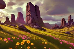 Sunny day, clouds, flowers, mountains, spring, rocks, rocky land, sci-fi, photography