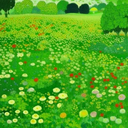 A lime green field with copied flowers designed in African pottery painted by Georges Seurat