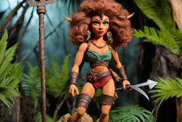 (1960's stop-motion animation puppet, in the style of Ray Harryhausen) Close-up shot of Shanna the She-Devil, the jungle girl, executed as a handcrafted articulated armature puppet. She stands 10 inches tall within a detailed stop-motion diorama of a primordial jungle, built with layers of textured painted paper, foam, dried moss, and miniature tropical foliage. Shanna wears a carefully stitched leather and felt leopard print two-piece swimsuit (revealing outfit) with micro-textures mimicking fu