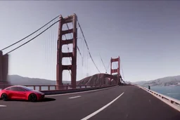 A Tesla 'Model S' is racing at top speed, on the 'Golden Gate' bridge. (CINEMATIC, WIDE ANGLE LENS, PHOTO REAL)