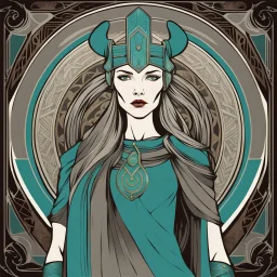 stylized viking queen in the style of tarot and art deco, turquoise and grey colours