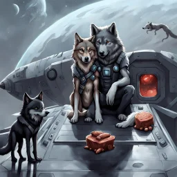 digital art front in picture an of little dark dog like creature stands and looking an anthropomorphic wolf couple sitting on the spaceship's ramp close together, the female wolf sits behind pale gray male wolf and puts one paw on the dark gray wolfman's shoulder, raini day, on ramp a little piece of meat lies down, high contrast, high detalied, high realistic, in background detail of a spaceship is visible. Rain, The atmosphere is a seamless blend of sci-fi and dark fantasy mood, digital art