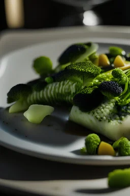 Film still in the style of a 2020s cooking programme, close up of a plate of food consisting of sea bass fillets sitting on a bed of broccoli with a few capers. Natural light, global illumination, uplight f/1.8