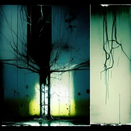 Minimal abstract oil painting of a tree in concrete warehouse brutalist architecture and hanging wires illuminated at night. With triadic colours. In the style of Justin Mortimer and Phil Hale, Ashley Wood