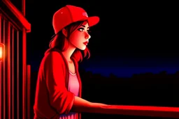 woman with a red baseball hat. leaning on a wooden balcony. night time. fantasy. anime.