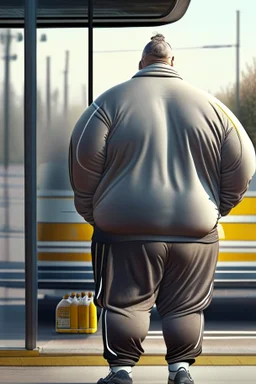 full figure shot back view of a fat guy , timid 45-year-old italian chubby in tracksuit, big buns, at bus stop photorealistic, ambient occlusion, sunlight