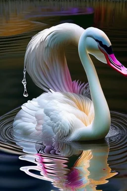 The swan is so beautifully colored , it drinks from a pool of water .