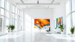 A white, futuristic, high floor and open creative studio with large windows allowing natural light to flood in. The interior is predominantly white and clean and has 2 big colourful paintings on one side of the wall. add in a small plant and a ceo desk. 3/4 side angle