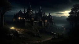 horror scene fantasy town, castle in background