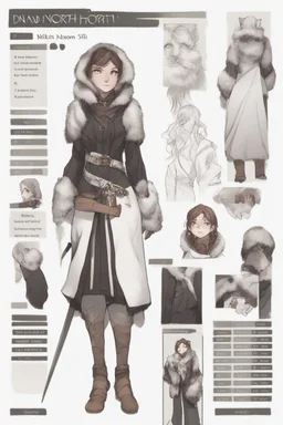 A dnd character sheet. A woman dressed for the cold north in black and white furs, with brown hair