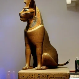 Ancient Egyptian cat sitting on a throne overseeing humans at work.