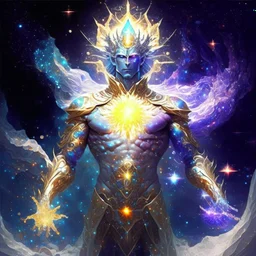 A divine being made from the combination of water and sun with cosmic powers and Dracula God-like man with infinite power who owns the galaxies and wears a beautiful crown A battle suit made of galaxies and stars with a glove that has seven endless stones