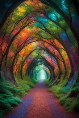 In the heart of an untouched 8K high-definition primeval forest, a mesmerizing kaleidoscope of colors unfolds within a timeless tunnel, creating a vivid gateway to another dimension. The rich hues of nature paint the scene, as if time itself is woven into the very fabric of the lush surroundings.