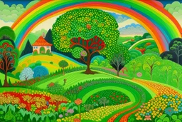 Green hills with big vines under a rainbow designed in German folk art painted by Karl Wiener