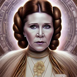 hyperspace background, complete and photo realistic detailed head to waist stunning photo realistic portrait of carrie fisher as Princess Leia in star wars with photo realistic hairstyle by Mandy Jurgens and mucha and Richard Schmid and chuck close and chie yoshii, extraordinary and detailed ceremony dress of star wars,brown eyes