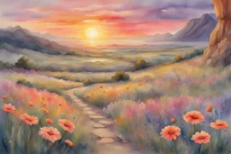 Amazing Sunset, flowers, countryside, rocky land, mountains, epic, sci-fi, fantasy, watercolor paintings