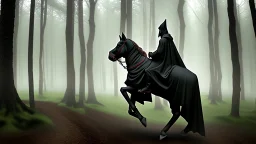 Dark robed wizard on a horse in the forest