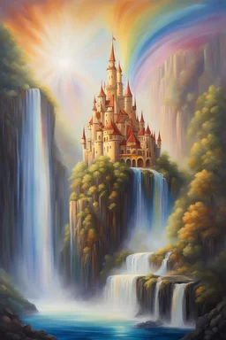 acrylic painting of a breathtaking golden castle on top of a waterfall, rainbow and sunlight, surreal