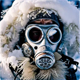 close up documentary photography, Yeti In a Respirator, Dystopian, Extreme depth of field, bokeh blur, winter, blizzard, Alberta, all-natural, in the style of candid, imperfection, natural lighting, light-focused, amateur shot, shot on Agfa, Fuji Film, 1980s, taken with Hasselblad --ar 4:5 --w 150 --style raw