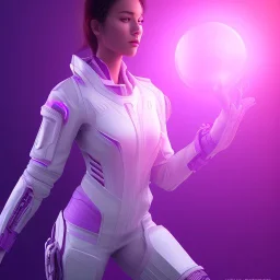 Cute girl, Sci-fi character, white suit, purple backlight, pink and purple, scifi suit, profile, purple background, pink lighting, futuristic