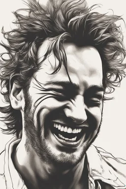 deranged laughing man with messy hair and stubble