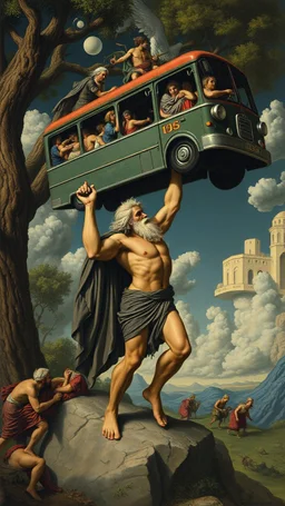 Hieronymus Bosch style , Hercules holding a bus up , 4k