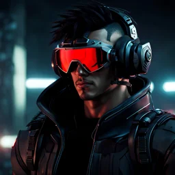 Attractive young male Latino cyberpunk hacker, red shades, targeting glasses, elaborate cyborg helmet, cybernetic enhancements, smiling, intense and focused, post-apocalyptic background, dark eyeshadow, bangs hairstyle, anime style, video game character, unreal engine, trending artstation, trending deviantart