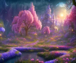 mondo fairy,paesaggio da favola notturno con fiori fluoriscenti, alberi magici,fiori colorati luminosi.