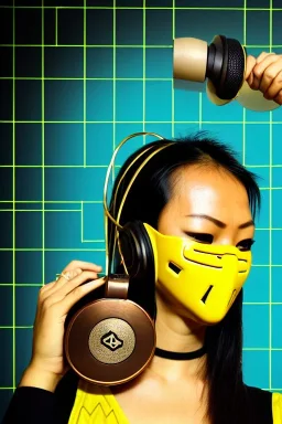 Realistic photograph. Geometric 3D tiling on the background, woman, Whip. Bronze color, Yellow, Black Cyan. Cyber-punk full-mask. Big old AKG headphones, golden rings & disc. Selfie both hands. Asian, lightly armored, electronic circuits. Thick tights, thick calves, bend fell, wide hip, flat belly. Ancient artifact attached. Perfect body. Matrix movie clothes, Silver leather area, tippet, latex. Wicked sneakers. Daft Punk, Tron Movie. Egyptian Haute Couture. 1990's. Ancient telephon