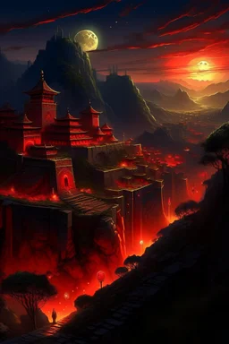 View of an ancient walled city sitting in a valley as viewed from the rim of the valley, the city is lighted by torches placed along the walls with windows high upon the wall, One window has a scarlet cord draped out reaching the ground, the sky is dark and surrealistic with planets and moons on the horizon, the rim of the valley has armored soldiers laying in wait while 2 spies work their way down to the outside of the city wall where the scarlet cord hangs from the window above a cross