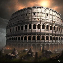 Intricately detailed view of a post-apocalyptic dexaying Roman Colloseum, digital art, dark fantasy style, hyperdetailed, complementary colors