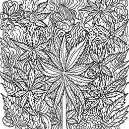 coloring page with A whimsical cannabis forest with marijuana leaves as trees. bold lines, very simple