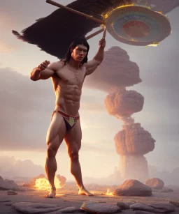 native american warrior, long black hair, standing on shattered glass, big muscles, loincloth, shirtless, 8k resolution concept art portrait by Greg Rutkowski