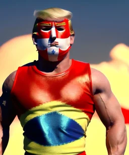 Realistic image of Donald trump wrestler, Mexican wrestling style, Mexican wrestling mask, red and blue breeches, glow us flag dress, suspenders, retro style, 80s, vibrant color, highly detailed, clean background, concept art, unreal engine 5, god rays, ray tracing, RTX, lumen lighting, ultra detail, volumetric lighting, 3d, finely drawn, high definition, high resolution.