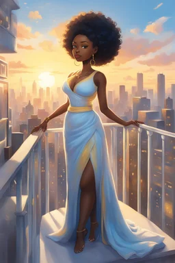 The scene opens onto a serene balcony overlooking a bustling city skyline. The sky above is painted in soft hues of blue and yellow as the sun begins its descent, casting a warm glow over everything it touches. In the foreground stands a captivating figure, airbrush chibi cartoon curvy black woman exuding confidence and elegance. She is adorned in a flowing white knit maxi dress that hugs her curves in all the right places, accentuating her silhouette. Her choice of footwear is equally stunning